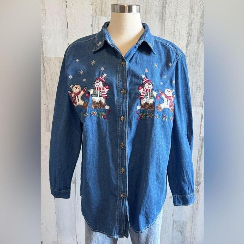 Vintage Snowman Denim Shirt large Embroidered Holiday Button-Up Christmas‎